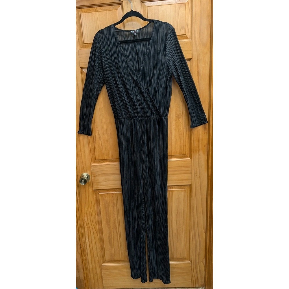 Poof New York Women's 2X Black Jumpsuit V Neck Long Sleeves Crinkle Fabric USA